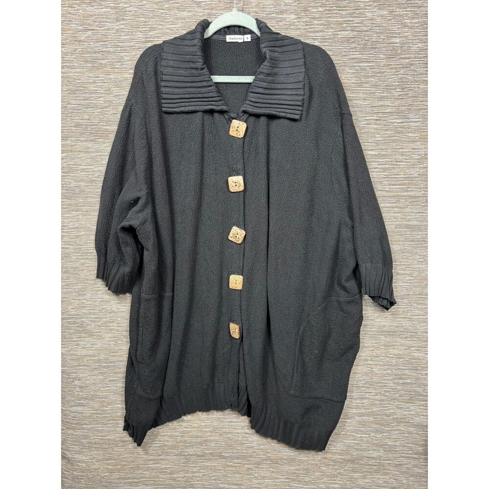Textures Cardigan Sweater Womens Size 3X Black Collared Dolman 3/4 Sleeve Knit